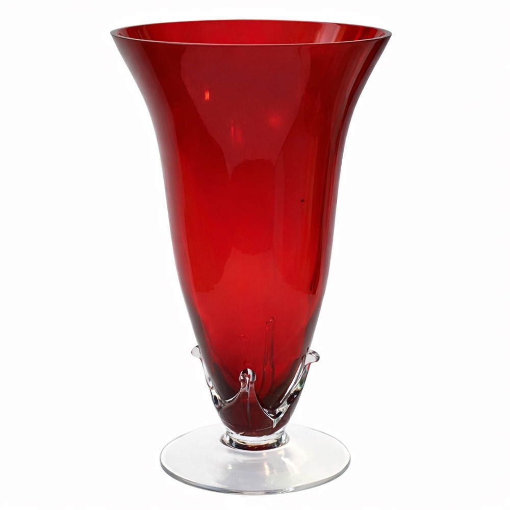 Vintage Red Art Glass Vase Flared Trumpet Shape Clear Footed Base 10”